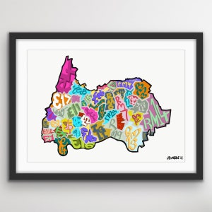 May include: A framed art print featuring a colorful, abstract map design. The map is filled with various shapes, letters, and numbers in a vibrant palette of pink, orange, green, and blue. The artwork is signed "OBOURKE 21" in the lower right corner.