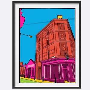 May include: A colorful illustration of a red brick building with a pink storefront. The building has the numbers 1, 2, and 3 painted on the side. The building is set against a blue sky with a pink tree in the background.