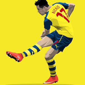 May include: A digital illustration of a soccer player wearing a yellow and blue jersey with the name "Alexis" and the number "17" on the back. The player is kicking a soccer ball with his right foot. The background is yellow.