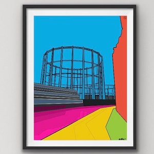 May include: A colorful illustration of a large, circular gas holder with a blue sky background. The gas holder is made of metal and has a grid-like pattern. The ground is a mix of pink, yellow, and green.