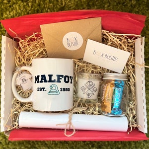 May include: A white gift box filled with brown shredded paper. The box contains a white mug with the text "MALFOY EST. 1980" and a green snake logo, a small glass candle with a black and white design, a clear glass jar with chocolate bars, and a white rolled-up paper with twine.
