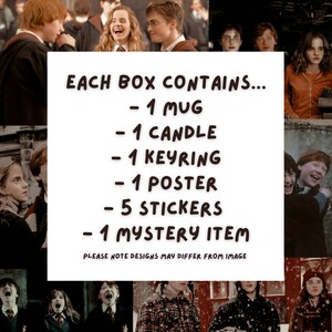 May include: A collage of images featuring characters from the Harry Potter series. The text reads "EACH BOX CONTAINS... - 1 MUG - 1 CANDLE - 1 KEYRING - 1 POSTER - 5 STICKERS - 1 MYSTERY ITEM PLEASE NOTE DESIGNS MAY DIFFER FROM IMAGE"