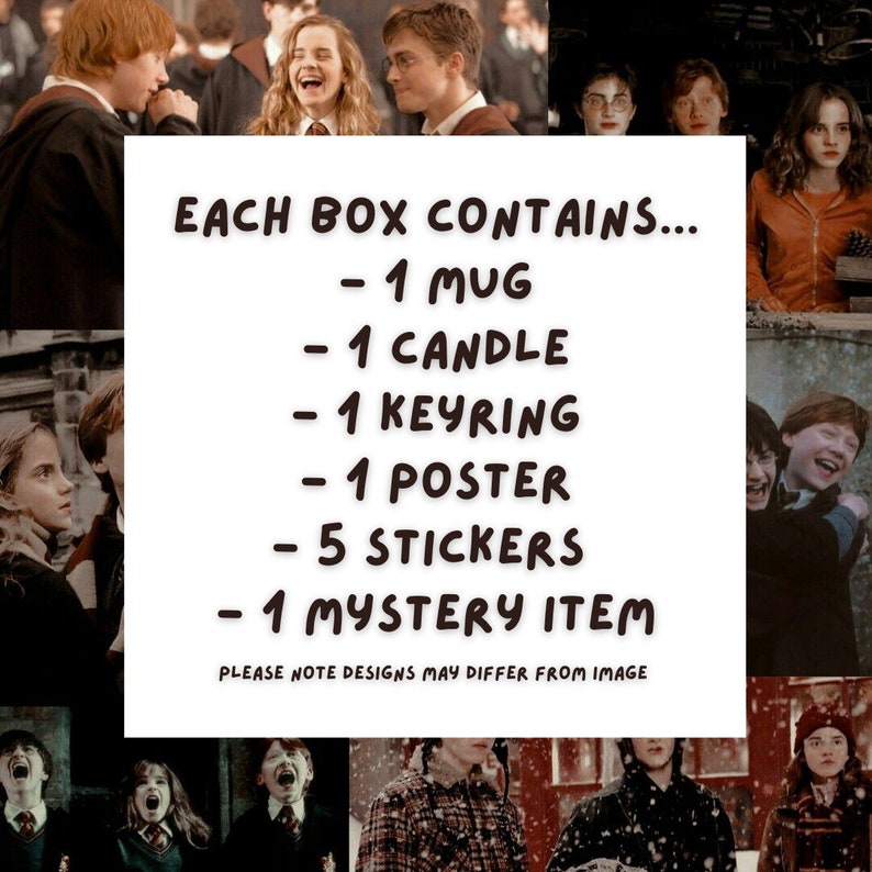 May include: A collage of images featuring characters from the Harry Potter series. The text reads "EACH BOX CONTAINS... - 1 MUG - 1 CANDLE - 1 KEYRING - 1 POSTER - 5 STICKERS - 1 MYSTERY ITEM PLEASE NOTE DESIGNS MAY DIFFER FROM IMAGE"