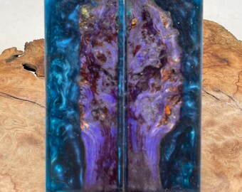Knife Scales  -  Hybrid Blues Alumilite Resin Purple Orange Dye Stabilized Maple Burl
