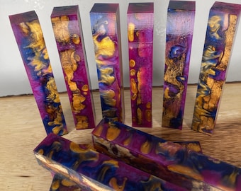 PBBrick-070: Blue Purple Gold with Stabilized Natural Cholla Cactus Hybrid Pen Blank Diamond Painting Alumilite Resin Casting