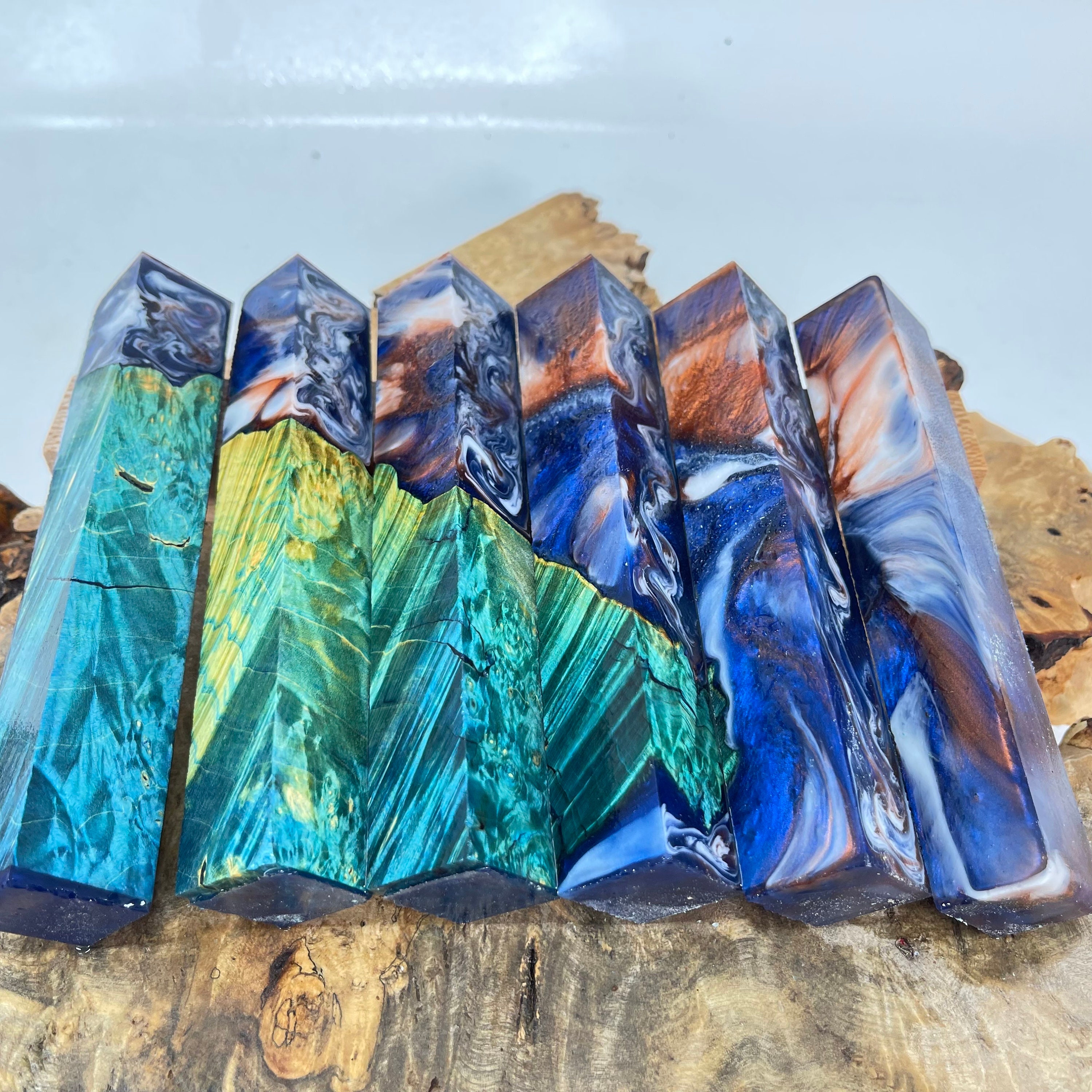 Wood StabilizedDyed Green Maple Burl Hybrid Pen Blank Alumilite Resin