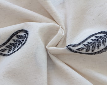 Embroidered cotton linen fabric by the yard for clothing and home decor, Paisley embroidered fabric, Medium weight beige linen cotton fabric