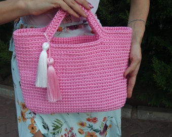 Crochet bag, Crochet handbag, Pink crochet handbag, Handmade crochet bag, Handbag with a tassel,  Crocheted accessory  for her