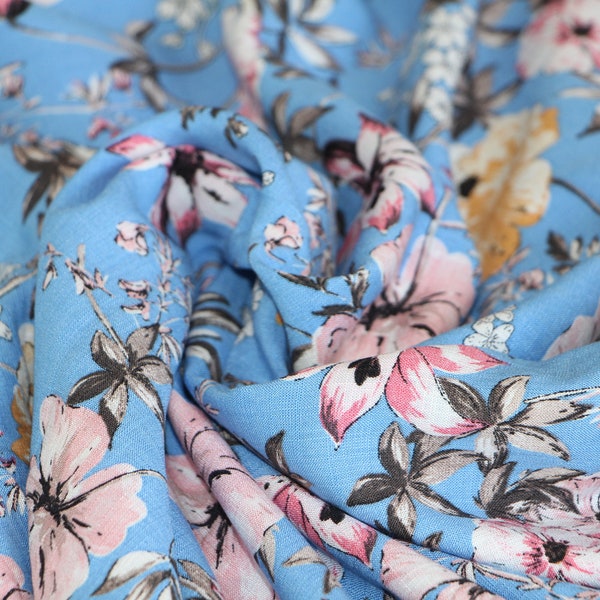 Linen viscose fabric by the yard, Linen fabric by the yard for clothes, Blue lightweight linen viscose fabric with a floral print