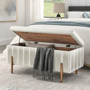 Upholstered Velvet Storage Bench with Cedar Wood Veneer, Large Storage Ottoman