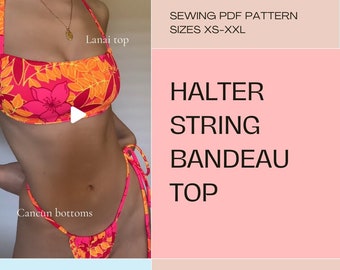 DIY Swimwear | Halter String Bandeau Top | pdf sewing pattern | swimsuit, women&#39;s bathing Suit instant download XS-XXL