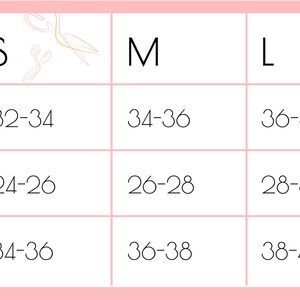 May include: A white size chart with black text and pink borders. The chart lists measurements in inches for Bust, Waist, and Hips across sizes XS, S, M, L, XL, and XXL. The grid displays numerical ranges for each category, such as Bust 30-32 for XS.