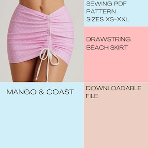 May include: A light pink beach skirt with a white polka dot pattern, featuring a center front drawstring closure with white ties. The text SEWING PDF PATTERN SIZES XS-XXL, DRAWSTRING BEACH SKIRT, MANGO & COAST, and DOWNLOADABLE FILE is visible.