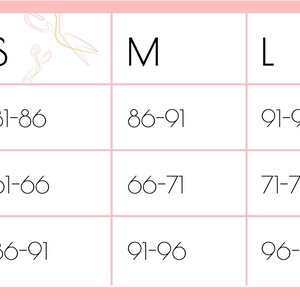 May include: A size chart table with a light pink border and faint scissor icons. The table lists measurements in centimeters for Bust, Waist, and Hips across sizes XS, S, M, L, XL, and XXL. Each cell contains the corresponding numerical range.