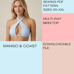 Op de afbeelding: Een lichtblauw en wit bikini-topje met vichy-ruitjes en een gekruiste halterhalslijn. De tekst luidt: SEWING PDF PATTERN SIZES XS-XXL, MULTI-WAY BIKINI TOP, MANGO & COAST, DOWNLOADABLE FILE. Dit is een digitaal naaipatroon voor een bikini-top.