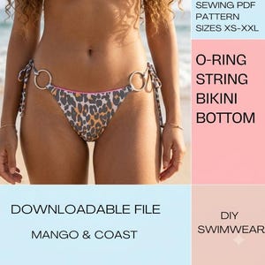 Puede incluir: Una braga de bikini con estampado de leopardo, lazos laterales y anillos dorados. El texto en la imagen dice: SEWING PDF PATTERN SIZES XS-XXL, O-RING STRING BIKINI BOTTOM, DOWNLOADABLE FILE, MANGO & COAST, DIY SWIMWEAR.