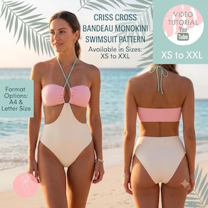 May include: A two-tone monokini swimsuit pattern featuring a pink bandeau top with light green halter straps and a cream-colored bottom section. Text includes Criss Cross Bandeau Monokini Swimsuit Pattern, Available in Sizes: XS to XXL, and Format Options: A4 & Letter Size.