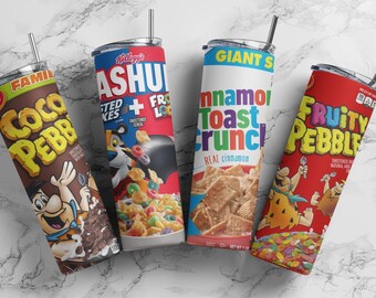 Breakfast Cereal 20oz Skinny Tumbler, Nostalgic Cereal Box Inspired Wrap Cup, Insulated Stainless Steel Travel Mug