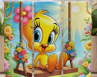 Cute Yellow Cartoon Bird Tumbler – Fun Kawaii Bird Character Cup – Kids Cartoon Animal Drinkware – 20oz Stainless Steel Insulated Tumbler