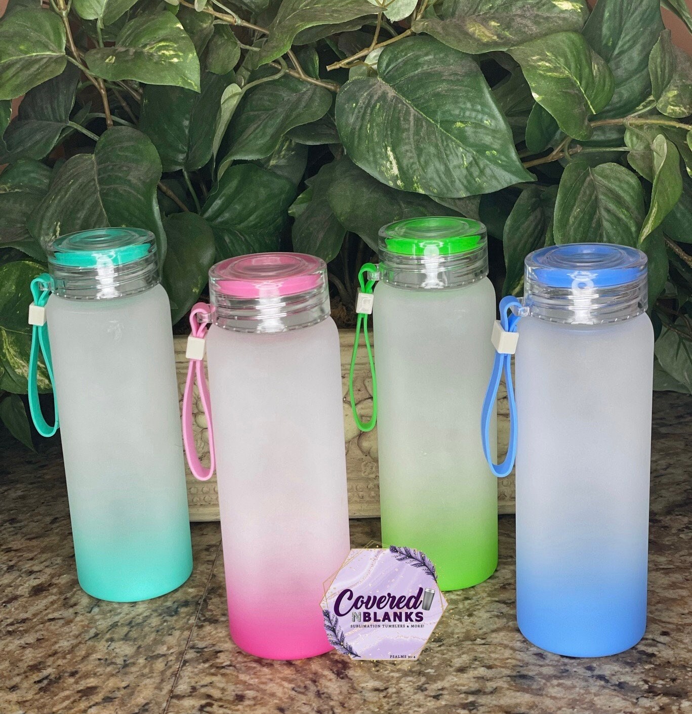 16 oz Sublimation Glass ombre water bottle with screw on lid