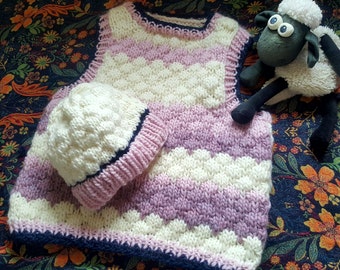 Hand-knitted woolen bubble-stitch sleeveless jumper and hat set
