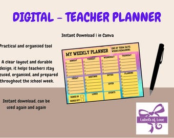 Digital Teacher Planner | Weekly Teacher Planner Canva | Editable Teacher Planner Printable | Instant Download