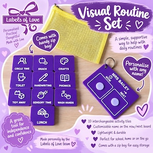 May include: A visual routine set featuring ten purple square tiles with white icons and text for activities like snack, crafts, and lunch. Includes a purple now and next board with the name Mrs. Bailey, a metal ring, and a yellow mesh zip bag.