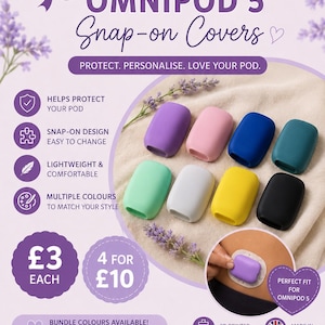 May include: A selection of colourful Omnipod 5 snap-on covers. The image shows covers in purple, pink, blue, green, white, yellow, and black. Text includes "OMNIPOD 5 Snap-on Covers" and "Perfect fit for Omnipod 5".