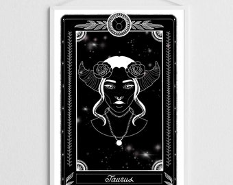 Taurus Zodiac Print, Taurus Tarot Card Poster, Zodiac Wall Art, Size A4 or A5