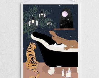 Bubble Bath with the Tigers, Ballet Illustration Print, Minimalistic Animal Poster, A5, A4 or A3