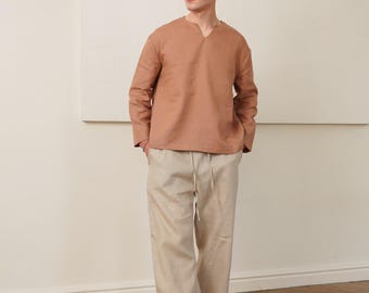 Pantalones deportivos de lino de corte relajado en color azul, negro y verde / 100% lino natural, suavizado y lavado a la piedra.