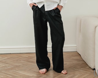 Loose-fitting Men’s Linen Palazzo Pants in White, Green, Blue, Beige color. 100% Linen, stonewashed, softened