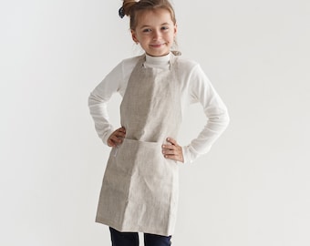 Linen Kids Apron in Natural color (with 2 front pockets)
