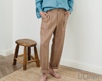 Urban Linen Men’s Truckee Pants in White, Green, Blue, Beige color. 100% Linen, stonewashed, softened