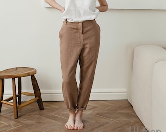 Pantalones holgados de lino para mujer, pantalones de lino natural, ropa de lino para mujer, pantalones de lino ajustados, pantalones rectos de lino