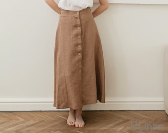 Linen Long Button Up Skirt in White, Green, Blue, Beige color. 100% Linen, stonewashed, softened