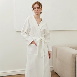 Cozy Linen Women’s Waffle Robe in White, Green, Blue, Beige color. Linen-cotton blend, waffle linen, softened
