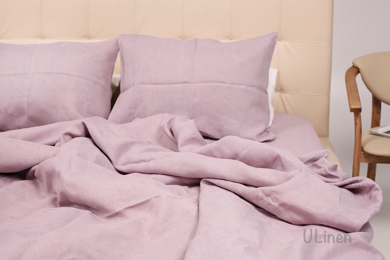 Duvet Cover and 2 Pillow Cases Linen Bedding Set Light Pink color US Queen + Standard Pillowcases