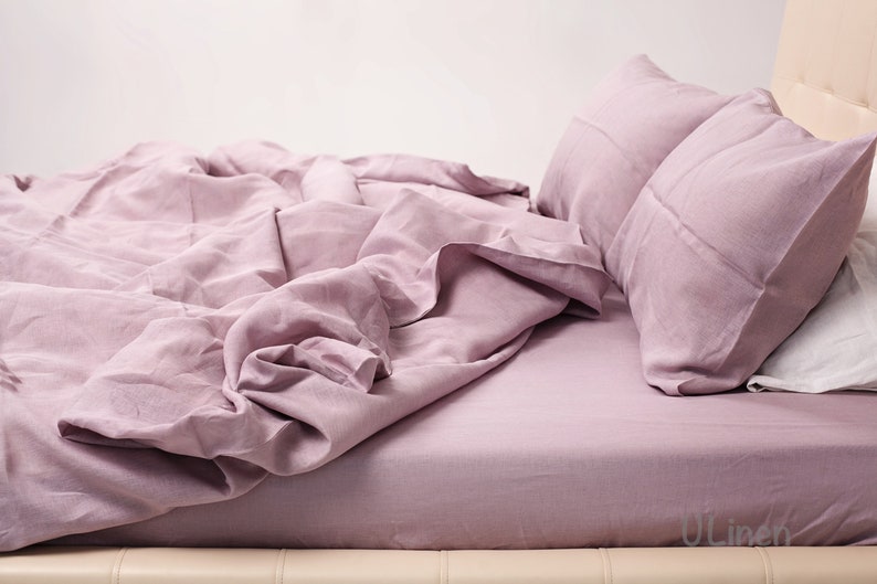 Duvet Cover and 2 Pillow Cases Linen Bedding Set Light Pink color US Queen + Standard Pillowcases