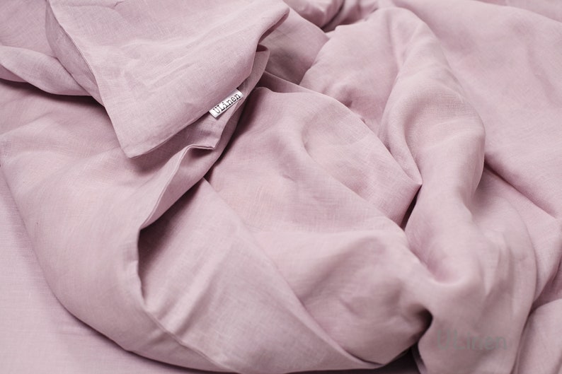 Duvet Cover and 2 Pillow Cases Linen Bedding Set Light Pink color US Queen + Standard Pillowcases