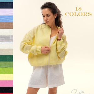 Premium Linen Bomber | Breathable Washed Linen Jacket | Oversized Long-Sleeve Linen Top | Stylish Reversible Linen Coat | Utility Jacket