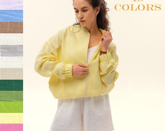 Premium Linen Bomber | Breathable Washed Linen Jacket | Oversized Long-Sleeve Linen Top | Stylish Reversible Linen Coat | Utility Jacket