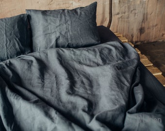 Linen Pillowcase in Basalt Grey (Charcoal, Black) color. Stone washed, softened linen bedding. Custom size, King, Queen, Standard