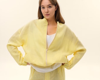 Chaqueta bomber Palermo de lino, cárdigan de lino, kimono de lino, chaqueta de manga larga, lavada, suave, top de lino, chaqueta reversible, chaqueta utilitaria