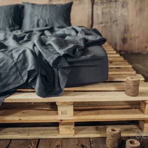 Linen Sheet Set in Basalt Grey (Charcoal, Black) color. Stone washed, softened linen bedding. Custom size, King, Queen, Twin