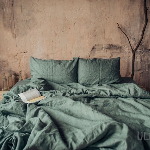 Linen Duvet Cover in Matcha Green. King Queen Twin Custom Etsy
