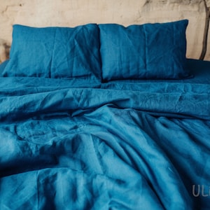 Ready to Ship. Linen Bedding set in Azure Blue (Navy, Cobalt) color. Stone washed, softened linen bedding. Queen Duvet + 2 Queen Pillowcases