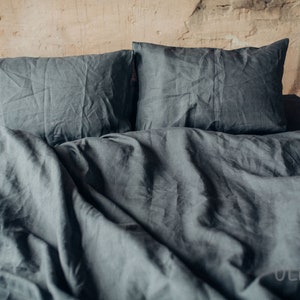 Linen Bedding Set in Basalt Grey (Charcoal, Black) color. Stone washed, softened linen bedding. Custom size, King, Queen, Twin