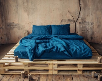 Linen Bedding Set | Azure Blue color | 1 Duvet Cover and 2 Pillow Cases