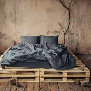 Linen Duvet Cover in Basalt Grey (Charcoal, Black) color. Stone washed, softened linen bedding. Custom size, King, Queen, Twin